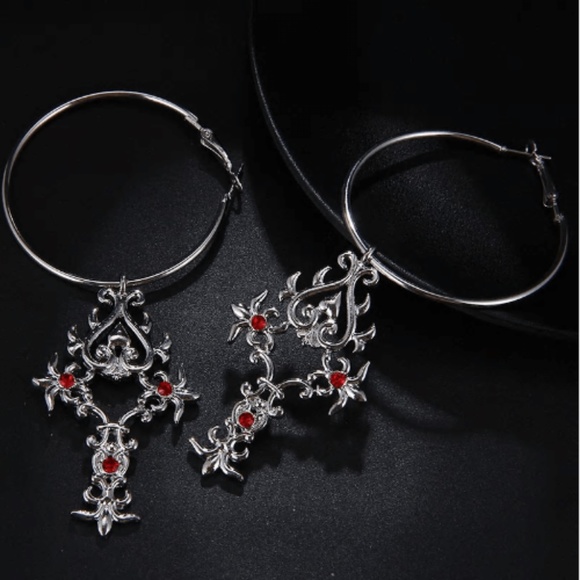 Crystal Cross Hoop Earrings Silver Tone - Picture 3 of 3
